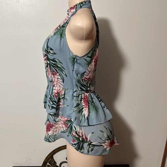 Anthropologie/BELLE VERE High Neck Halter Floral High Low Ruffle Layer Blouse - Picture 5 of 8